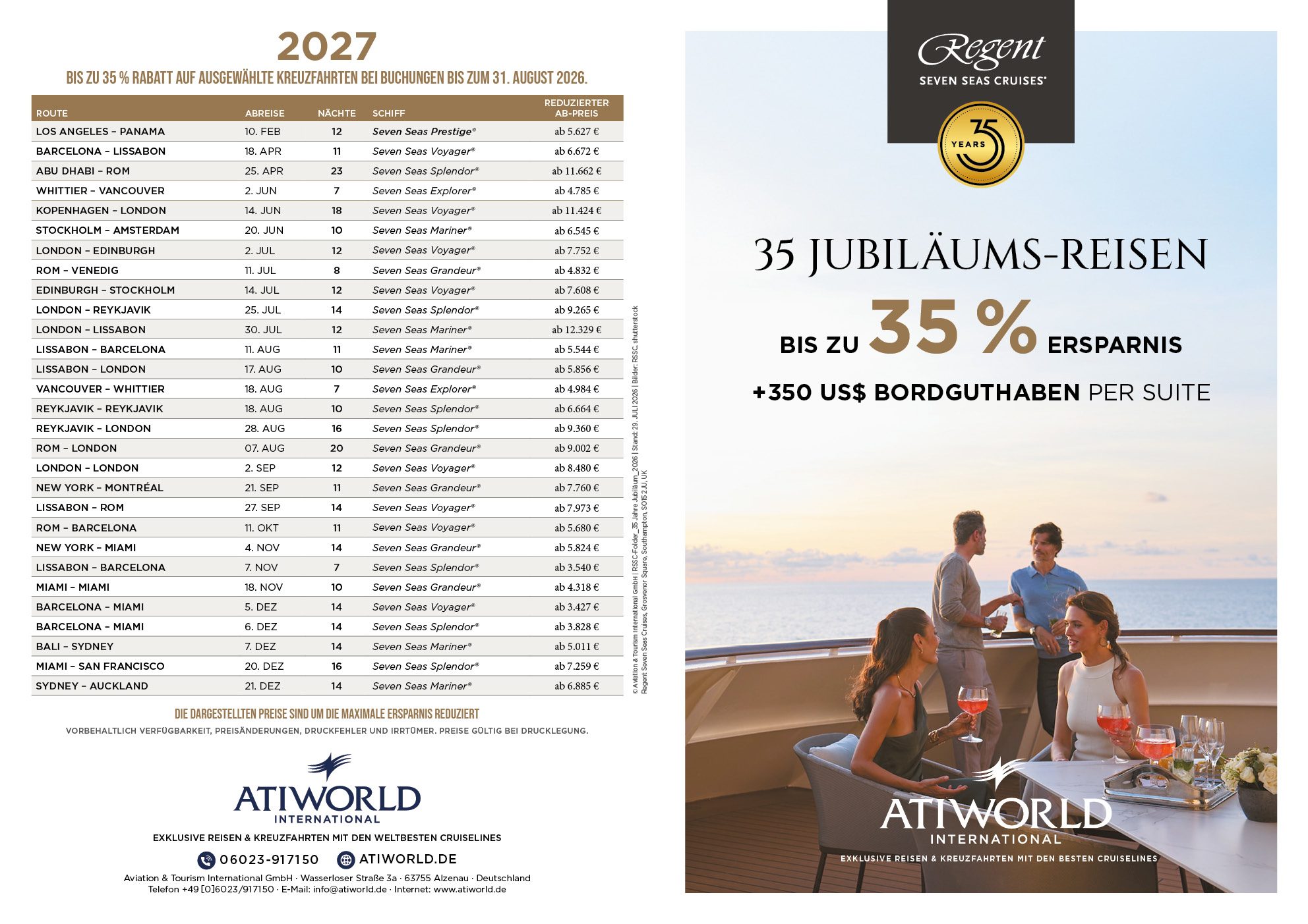 Angebotsflyer zum 35. Jubiläum von Regent Seven Seas Cruises: Bis zu 35 Prozent Rabatt auf 25 ausgewählte Luxus-Kreuzfahrten im Jahr 2027