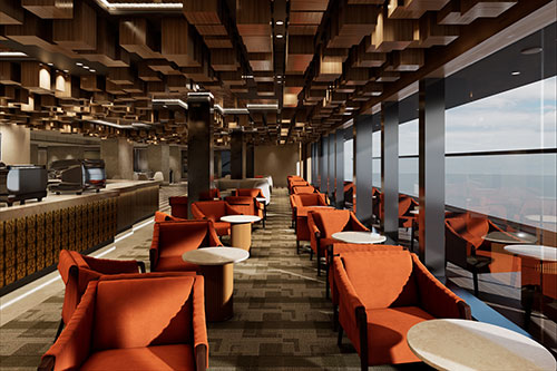 Cafe Crema Tische mit Sesseln und Theke und Panoramafenster